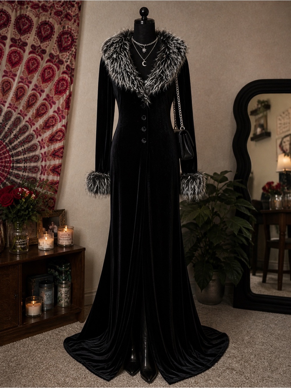 Onyx Nite black velvet faux fur duster maxi coat gothic glam size L vintage